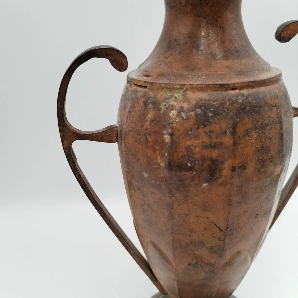 Vintage 10 In Solid Brass Double Handle Urn Vase Grecian Vessel Rustic Patina